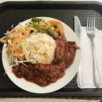Seitan with rice and salad  at Mennyorszag Szive in Budapest