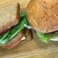 Club sandwich and vegan burger at Mennyorszag Szive in Budapest