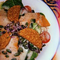 Roasted pumpkin salad with crispy tempeh and a mustard dressing  at Baobab in Zaragoza