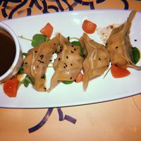 Vegan dumplings with pulled jackfruit and an orange vinaigrette  at Baobab in Zaragoza