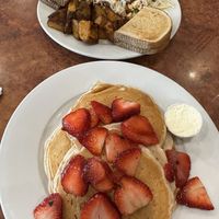 Tofu scramble and vegan pancakes with strawberries   at Maywood Pancake House in Maywood