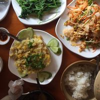 Pineapple fried rice, stir-fried noodles,  garlic pumpkin leaves  at Hoa Sen - Doi Can - Maybe closed in Hanoi