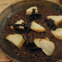 Beluga lentils, mushrooms and turnip(?). at Michelberger Restaurant in Berlin