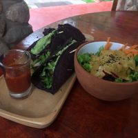 vegan purple corn tacos with a salad  at Ama Restaurant in Urubamba