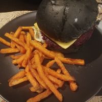 Beet root burger with sweet potato wedges! at Crop in Crete