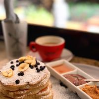 Vegan pancakes with peanut butter, chocolate and maple syrup at Crop in Crete