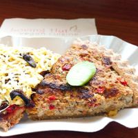 "meat" pizza and amazing quiche at Loving Hut in Sofia