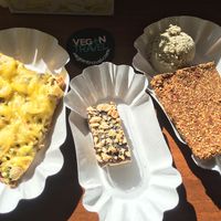 Cracker dip and pizza at Loving Hut in Sofia