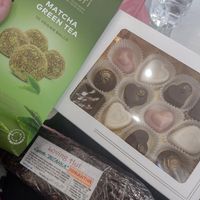 Vegan valentine's chocolate box, matcha truffles and a vegan sausage they use at Loving Hut in Sofia