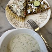 Cold soup, quiche and pizza!  at Loving Hut in Sofia