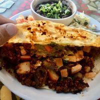 The soyrizo / potato quesadilla, accompanied by pico de gallo, black beans and chopped lettuce. at Crossroads Cafe in Joshua Tree