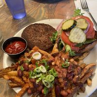 impossible burger (no mayo) with chili fries (no cheese)  at Crossroads Cafe in Joshua Tree