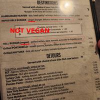 Neither the Hell Burger nor the Impossible Burger are vegan despite being labeled as such on the menu. at Crossroads Cafe in Joshua Tree