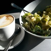 Caesar salad and Almond milk latte...yummy! at Venosa Cafe in Montreal