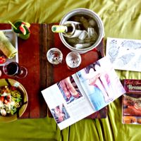 Pesto pasta, hummus wrap, fresh and organic smoothies ad wine at Deva in Kampot