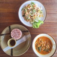 Vegan Amok (with yuba) and rice 4.5$ and salad with glass noodles 2.5$ at Deva in Kampot