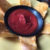 Vegan garlic bread and marinara  at Rasta Pasta in Colorado Springs