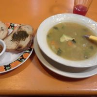 ginger turmeric soup with verges and yummy pesto bread at Delicias Naturales in San Cristobal De Las Casas
