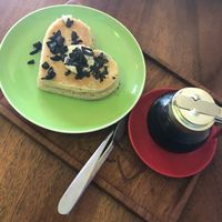 Vegan chocolate chip pancakes served with syrup at The Kismet Cafe in Makati