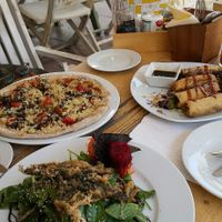 the Japanese salad, vegetable pizza with vegan cheese and spring rolls with turmeric  at EcoCentro in Ibiza