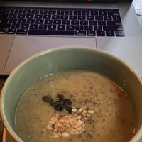 Mushroom soup with chia seeds, pumpkin seeds, & crushed almonds at Dandy's Organic Cafe in Hong Kong Island