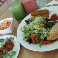 Green and fruit smoothie, sateh and more at Loving Hut in Amsterdam