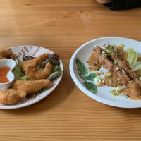 Fried shrimp and ‘sate'  at Loving Hut in Amsterdam