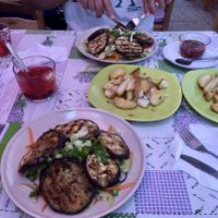 Berry drink for 60 cents, eggplant and roasted potatoes at Svetluska in Nitra