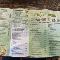 Menu at Ginger House in Brooklyn