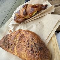 Calzone and croissant breakfast sandwich   at Vogue Cakes in Vancouver