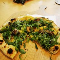 Pizza with hummus and mushrooms at Unter Freunden in Heidelberg