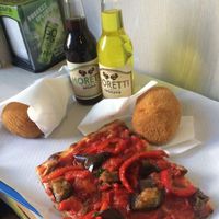 Vegana & Mixed Vegetable arancini, amazing pizza.   at Mondo Arancina in Rome