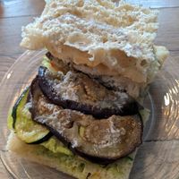 Roasted vegetables inside the focaccia sandwich at Cafe Tuyo in Montreal