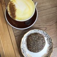 Golden milk + cookie at Cafe Tuyo in Montreal