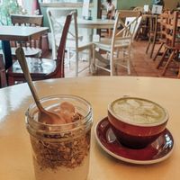 Matcha Latte and a yoghurt bowl  at Cafe Tuyo in Montreal