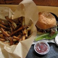 OVEN-BAKED FRIES. Golden potatoes, lemon juice, olive oil, sea salt, signature spices.

I really like the fries, but sometimes they are a little dry.

Burger

Vegan Mayo and ketchup. at Copper Branch - Rene Levesque in Montreal