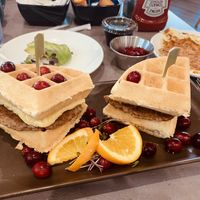 Waffle special with beyond sausage meet and Just egg stacked with Cranberries YUMMO 😋  at Hot Stacks Cafe in Myrtle Beach