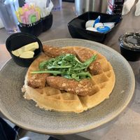 Vegan chik’n n waffles   at The Bossy Hen in Myrtle Beach