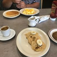 espresso, vegan pancakes, vegan sausage, and hubby's food at The Bossy Hen in Myrtle Beach