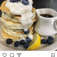 Blueberry Lemon-Poppy Vegan Pancakes with Coconut Yogurt served w maple syrup at The Bossy Hen in Myrtle Beach