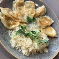 Vegan Pierogi served with Sauerkraut and Soy Yogurt. Delicious!! at The Bossy Hen in Myrtle Beach