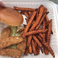 Vegan chicken sandwich with chipotle mayo and sweet potato fries  at Hot Stacks Cafe in Myrtle Beach