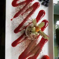 Chocolate cake with vanilla ice cream and blueberry sauce   at Sajvva in Malmo