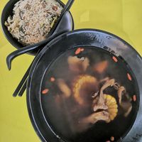 Ginseng, Chanterelle mushroom and chestnut soup with mustard green rice at Jeun VirtueFarm in Central Singapore