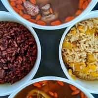 Rose, white button mushroom, red lotus seed, dried longan, lily bulb, white fungus soup. Pitaya flower, fig, monk fruit, solomonseal, lentil soup. Pumpkin rice. Peanut purple rice. at Jeun VirtueFarm in Central Singapore
