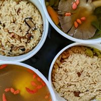 Selfheal spike, mai dong, snow pear soup. Watercress, sweet and bitter almonds soup. Cabbage rice. Assorted mushrooms rice. at Jeun VirtueFarm in Central Singapore