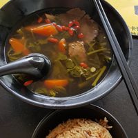 Watercress herbal soup. 
Soup is not heavily musked by spices to allow natural flavour to hit the taste buds.
Minimal oil used from the surface of the bowl too.
Value for money. at Jeun VirtueFarm in Central Singapore