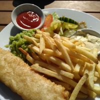 vegan fish chips n mushy peas at Loving Hut Cafe - St Peter's Place in Brighton