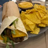 mushroom melt wrap platter with chips and vegan cheese dip  at Mama Tierra in Athens