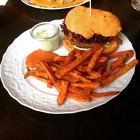 Mediterranean burger with sweet potato fries and basil aioli. at GreenSoul in Leipzig